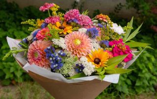Summer bouquet. Beautiful multi colored fresh flower arrangement. Birthday bouquet made of summer flowers photographed outdoors.